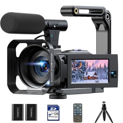 Camcorder Video Camera 5K 56MP - Dual Lens Vlogging Camera for YouTube with Night Vision 16X Digital Zoom 3" 270° Flip Touchscreen, 64GB Card, Microphone, Remote - Video Recorder for Content Creators - color: retro black