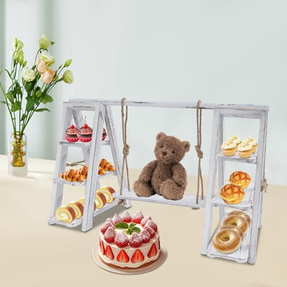 3 Tier Cupcake Stand 13.5in Wood Serving Tray Ladder with Removable Trays & Swing Plates, Foldable A-Shaped Table Display Set for Parties, Wedding, Home Decor
