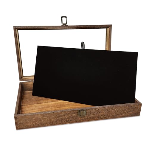 MOOCA Glass Top Wooden Jewelry Display Case with Removable Black Luxurious Velvet Jewelry Display Pad, Deeper 2.75-Inch Design for Taller Collectibles, Brown Color - color: 9A) Brown, 2.75 Inch High