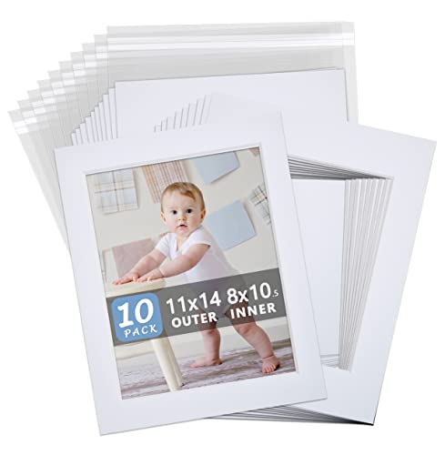 Somime 10 Pack White Photo Board 11x14 Mat for 8.5x11 Photo Mat, White Core Bevel Cut 11x14 Matted Picture Frame Mat Kit Includes 10 Pre Cut Frame Mats & 10 Acid Free Backers & 10 Clear Seal Bags - size: 11x14 10pack white complete set for 8.5x11