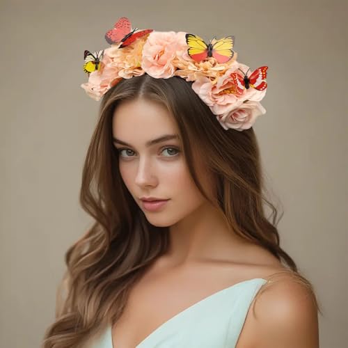 Elegant Butterfly Flower Headband for Women Boho Handmade Rose Floral Crown Wedding Bridal Festivals Cosplay Prom Photo Props Headpiece (B4 pink, Adjustable) - color: B4 pink