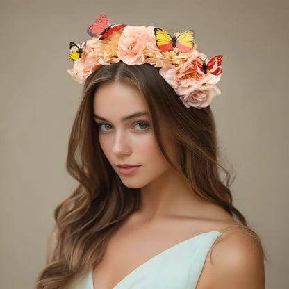 Elegant Butterfly Flower Headband for Women Boho Handmade Rose Floral Crown Wedding Bridal Festivals Cosplay Prom Photo Props Headpiece (B4 pink, Adjustable) - color: B4 pink