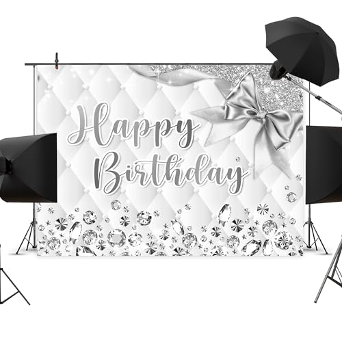 Newsely White and Silver Birthday Backdrop 7Wx5H Photography Happy Birthday Backdrop for Girls Women Diamonds Modern Luxury Elegant Bday Background Party Decorations Banner Photo Booth Props Supplies - color: B-White Silver, size: 7Wx5H