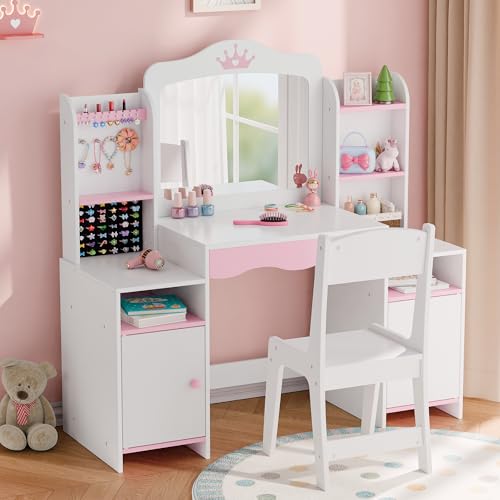 MU Kids Vanity, Girl Vanity Set with Mirror and Stool, 2 in 1 Toddler Makeup Vanity Table with Jewelry Storage, Wooden Princess Makeup Desk Dressing Table for Little Girls, (White) - color: White