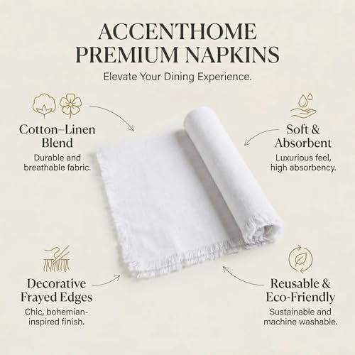 ACCENTHOME White Cotton Linen Napkin Set of 12 18x18 inch Dinner Napkins - Washable Soft Premium Hotel Quality Reusable Hemmed Edges Napkins Perfect Table Linens for Family Dinners, Weddings - color: 12 - White, size: 18"x18" - Pack of 12