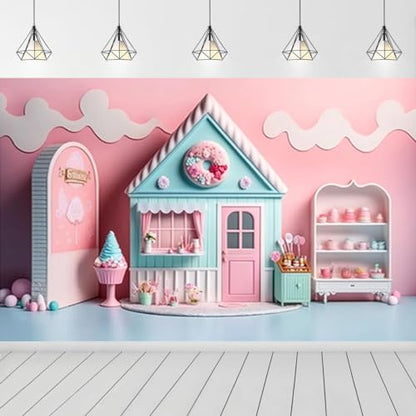Pink Ice Cream Shop Candy House Background for Photoshoot Girl Birthday Party Decoration Children Happy First 1st Birthday Party Backdrop Summer Candy House Baby Shower Backdrop (7X5FT) - size: 7X5FT
