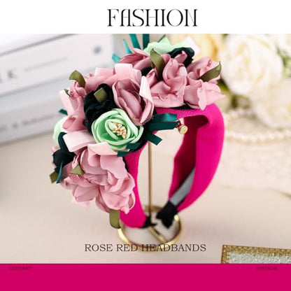 Boho Wide Headbands for Women Handmade Dazzling Floral Flowers Hairbands Red Crystal Embellished Hair Band Retro Hairbands Festivals Photo Props (Red) - color: Red