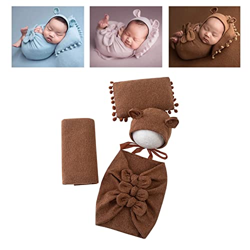 Newborn Baby Boy Girl Photography Props Bow Wrap, Posing Aid, Hat and Blanket Set of 4 Pcs - color: Dark Coffee