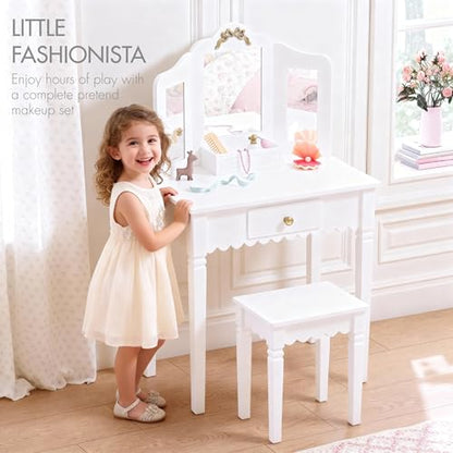 Spirich Kids Vanity Set with Mirror and Stool, Kids Make Up Vanity Desk for Little Girls, Children Makeup Dressing Table with Drawer - size: Golden bow