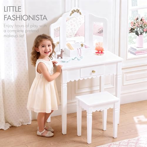 Spirich Kids Vanity Set with Mirror and Stool, Kids Make Up Vanity Desk for Little Girls, Children Makeup Dressing Table with Drawer - size: Golden bow