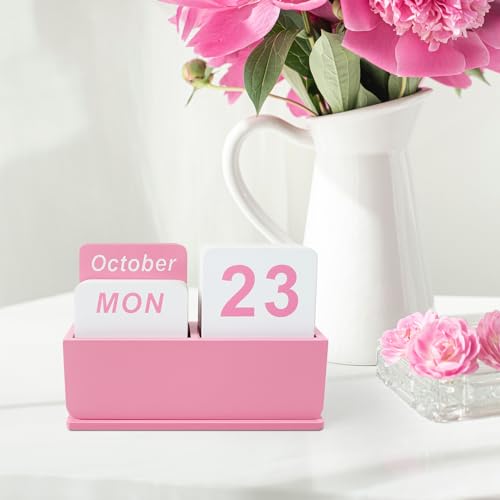 Wooden Block Perpetual Calendar for Desk, Daily Desktop Standing Flip Calendar with Large Display, Modern Farmhouse Aesthetic Desk Accessories for Home Office Decor, Reusable Yearly, Pink - color: Pink