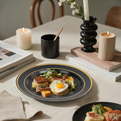 bUCLA 200PCS Black and Gold Plastic Plates - 6.25inch Black with Gold Rim Disposable Dessert/Salad/Appetizer/Small Cake Plates - Ideal for Party & New Year - color: 6.25Inch-200pcs-Black Gold