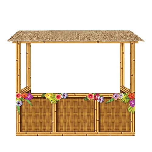 Beistle 3-D Tiki Bar Prop – Large Corrugated Cardboard Luau Display, 6' 11" x 7' 3" Life Size Hawaiian Themed Beach Party Decoration with Floral Details and Sign, Assembly Required