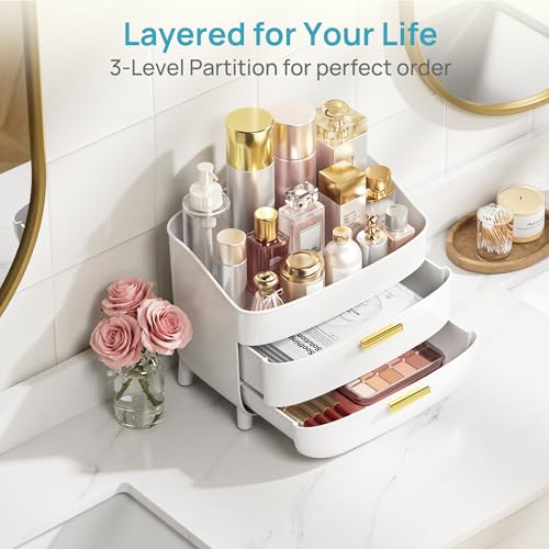 Vtopmart 3-Tier Skincare Makeup Organizer with Drawers for Vanity and Bathroom Countertop, Large Cosmetic Storage Box Case for Dresser, with Non-Slip Base - style: no Lids