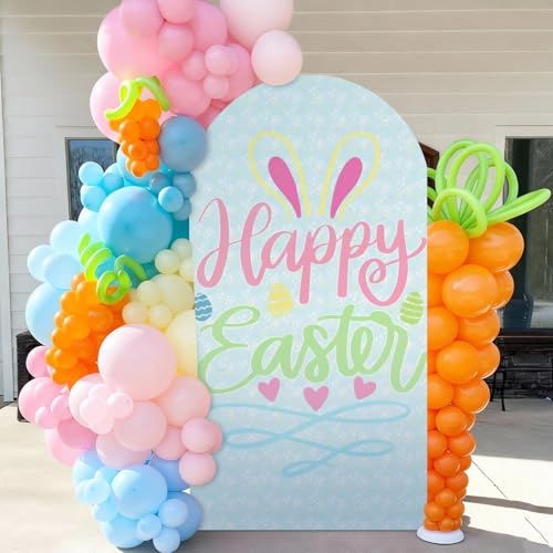 VitalCozy 7.2ft Happy Easter Party Decorations Easter Arch Backdrop Cover Pastel Spring Spandex Fitted Arch Stand Covers Round Top Backdrop Cover for Bunny Rabbit Birthday Baby Shower Photoshoot - color: Happy Easter, size: 7.2 Ft