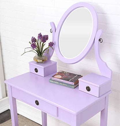 Roundhill Furniture Moniys Wood Moniya Makeup Vanity Table and Stool Set, Purple - color: Purple