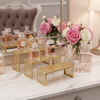 3 Tier Gold Metal Display Risers, Display Stand for Perfume Purse Handbag Shoe Jewelry Cupcake Dessert and Amiibo Funko POP Figure - color: Gold Metal Display Risers