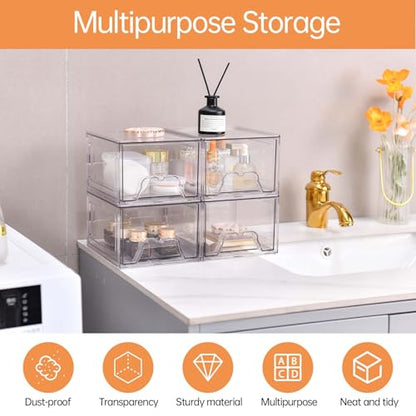 Stebopum 4 Pack Stackable Makeup Organizer, 4.4'' Tall Acrylic Bathroom Makeup Organizer and Storage Drawer with Pull-out Handle, Clear Plastic Storage Bins for Vanity,Pantry,Desk,Undersink,Kitchen - style: 4pack Small