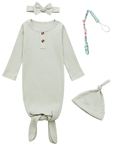 Newborn Cotton Nightgowns Neutral Baby Knotted Sleeper Baby Coming Home Outfit - color: Light Green