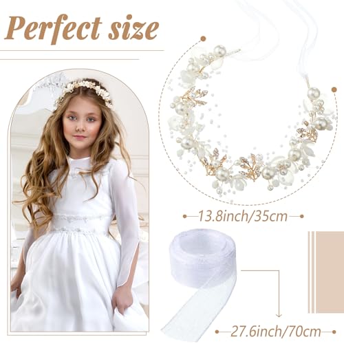 Retrowavy 2 Pcs Flower Girl Headpiece, Flower Girl Hair Accessories Rhinestone Crystal Princess Pearl Headband Bridal Hair Headband for Wedding First Communion(Gold) - color: Gold