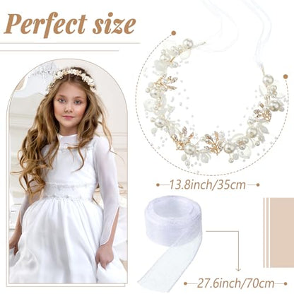 Retrowavy 2 Pcs Flower Girl Headpiece, Flower Girl Hair Accessories Rhinestone Crystal Princess Pearl Headband Bridal Hair Headband for Wedding First Communion(Gold) - color: Gold