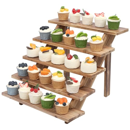 SwallowLiving 5 Tier Wooden Rustic Cupcake Stand for 30 Cupcakes, Stepped Wood Display Stand for Weddings, Tiered Party Table Display Riser for Food , Dessert, Cookie, Decor, Craft Show, Burnt - color: Burnt | 5-tier