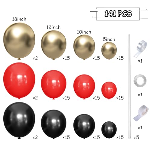 MEBAY Black Gold Red Balloons Garland Arch Kit, 141Pcs Latex Balloons Different Sizes 18 12 10 5 Inch for Party Decorations, Wedding Backdrop, Birthday, Baby Shower, Graduation - color: 141-black-gold-red