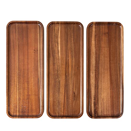 Large Solid Acacia Wood Serving Trays (17 x 6.5 inches) Rectangular Wooden Serving Platters for Home Decor, Food, Vegetables, Fruit, Charcuterie, Appetizer Serving Tray, Cheese Board (Set of 3 Plates) - size: Large