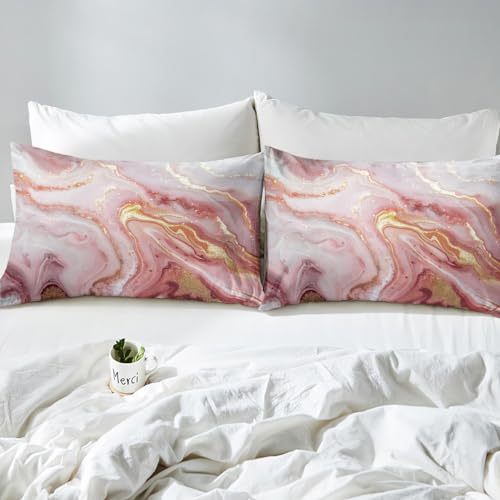 Girly Marble Bed Sheets - Pink Gold Marble Print Sheet Set for Kids and Teens, Soft Modern Texture, 4 Piece Glitter Bedding Set (1 Fitted, 1 Flat, 2 Pillowcases) - color: Multi 02, size: Queen