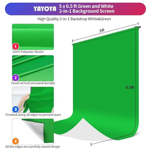2-in-1 White Backdrop Green Screen Backdrop Stand Kit, 5x6.5 ft Greenscreen Background with Stand for Streaming, Zoom, Photography, Video with Clips & Carrying Bag - color: Green White, size: 5x6.5ft