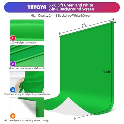 2-in-1 White Backdrop Green Screen Backdrop Stand Kit, 5x6.5 ft Greenscreen Background with Stand for Streaming, Zoom, Photography, Video with Clips & Carrying Bag - color: Green White, size: 5x6.5ft