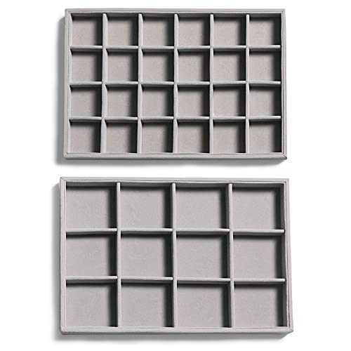 Frebeauty Stackable Velvet Jewelry Organizer Trays for Drawers Inserts Jewelry Storage Tray Display Case, Stud Earrings Bracelets Necklace Rings Trays for Women Girls(Set of 2)(Grey) - color: Grey, size: Set 2