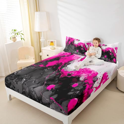 Abstract Art Fitted Sheet Hot Pink Bed Sheets | Ombre Marble Texture Ink Fluid Art Gradient Black Marbling Sheets Queen Size Bed Set - color: Hot Pink, size: Queen