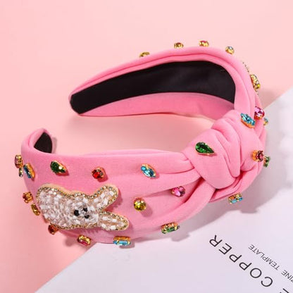 NVENF Easter Headband for Women Beaded Rabbit Bunny Headband White Pink Crystal Pearl Knotted Hairband Happy Easter Hair Accessories Spring Holiday Headwear Outfits Gifts (Bunny A - Pink) - color: Bunny A - Pink