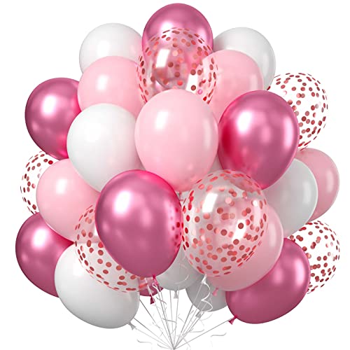 60PCS Pink and White Balloons, 12Inch Baby Light Pink White Party Balloon Set with Metallic Red Balloons, Rose Gold Confetti Helium Latex Balloons for Girls Birthday Baby Shower Wedding Decorations - color: Pink White