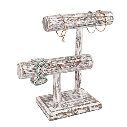 Ikee Design 2 Tier Wooden Jewelry Bracelet Watch Display Tower, Bangle Scrunchie Necklace Holder Storage Stand, 7.9 W x 4.3 D x 9.4 H in, Antique White Color - color: Antique White