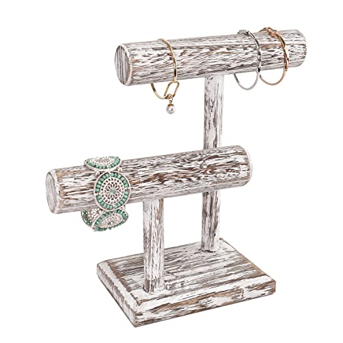 Ikee Design 2 Tier Wooden Jewelry Bracelet Watch Display Tower, Bangle Scrunchie Necklace Holder Storage Stand, 7.9 W x 4.3 D x 9.4 H in, Antique White Color - color: Antique White