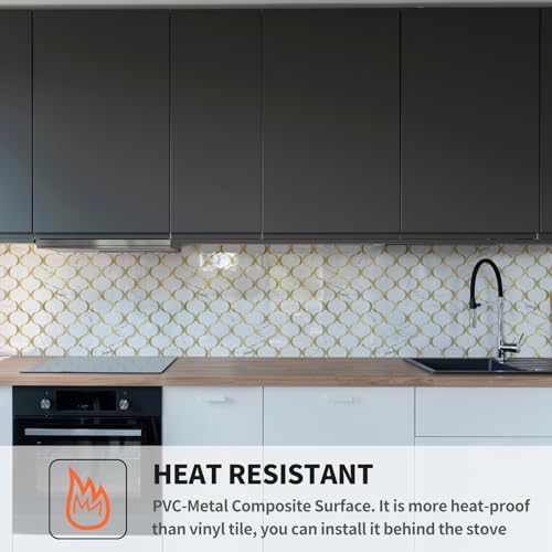 10 Sheet Glossy Arabesque Peel and Stick Backsplash Tile, Stick on Backsplash for Kitchen and Bathroom Wall, Calacatta Gold Marble PVC Mixed Metal Aluminum - color: Calacatta Gold Marble Mixed Metal Gold