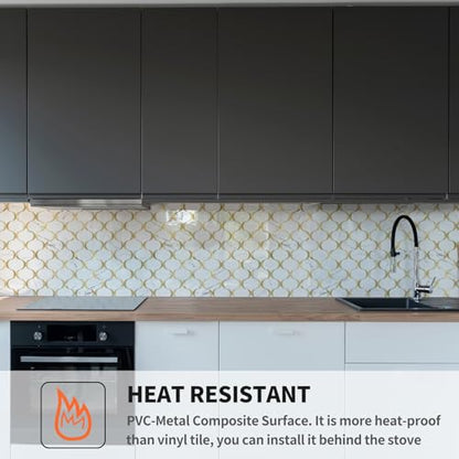 10 Sheet Glossy Arabesque Peel and Stick Backsplash Tile, Stick on Backsplash for Kitchen and Bathroom Wall, Calacatta Gold Marble PVC Mixed Metal Aluminum - color: Calacatta Gold Marble Mixed Metal Gold