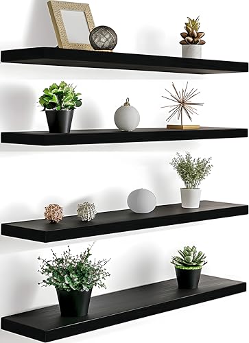 GXYAWPJ 24 Inch Floating Shelves for Wall Rustic Black Wood Wall Shelves for Bedroom Set of 4 - color: Rustic Black, size: 24 inch