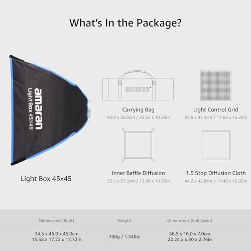 amaran Light Box 4545 Soft Boxes Foldable One-snap Quick-Setup Square Bowens Mount Softbox,for amaran 60/100/200 150c 300c (Light Box 45x45)