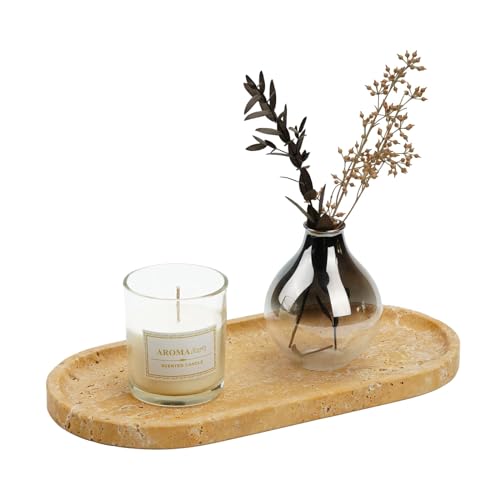 Koville Turkish Natural Travertine Decorative Marble Tray - 12"x6" Wabi Sabi Home Countertop Organizer, Catchall Tray for Perfume, Candles, Jewelry - color: Golden Travertine, size: 12" x 6" x 0.8"