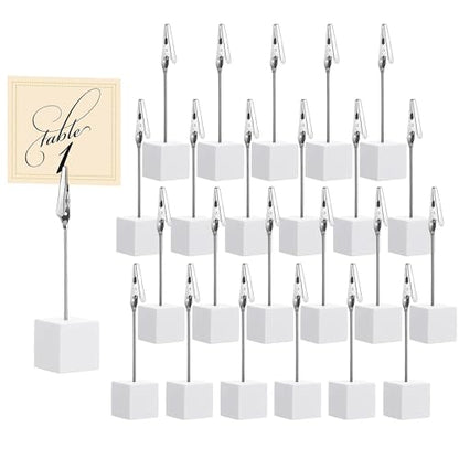 24PCS Wooden Cube Memo Holders with Alligator Clips Table Number Stands, Cube Base Memo Clip Holder Photo and Card Display Clips for Wedding, Event, Office Desk Use (White) - color: White