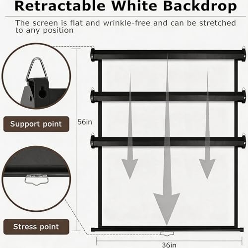 Retractable White Background Screen 36" x 56" Portable Roll-Up, Pull-Down Background, Black and White Double-Sided Design, PVC Material, Suitable for ID Card Passport Photo Photography