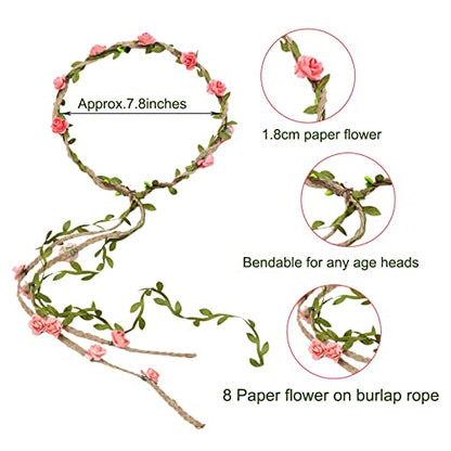 12PCS Multicolor Flower Crown Floral Headband Wreath Garland Headbands, 16 Pieces Flowers Tie on Ratton and Hemp Rope,Unique Design for Women Wedding Party Photo Props
