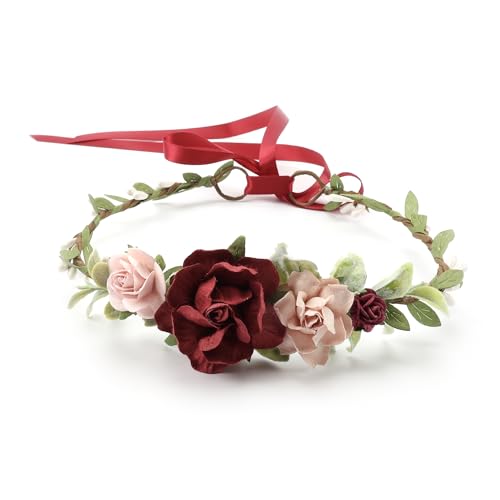 Flower Crown for Girls Floral Headpieces Kids Headband Wedding Halo Hair Pieces Children Hair Wreath Photo Prop (Burgundy-Child Size) - color: Burgundy