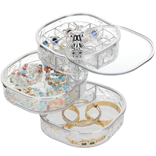 LETURE 3-Layers Rotatable Jewelry Organizer Storage Box, Clear Ripple Jewelry Holder Case for Ring Earring Necklaces Bracelets Makeup Hair Accessories, Small Rotating Jewelry Tray for Women (Clear) - color: Clear