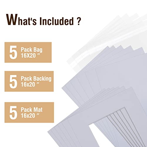 Falling in Art 5 Pack Acid Free 16x20'' White Picture Mats Board Show Kit for 11x14'' Pictures, 4-Ply Beveled Pre-Cut Photo Boards with Backing Board and Plastic Clear Bags - size: 16x20-5 Pack