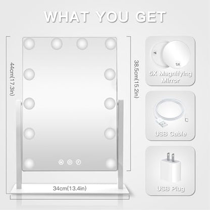 HIEEY Hollywood Vanity Mirror with 12 Dimmable Bulbs Lights, Three Color Lighting Modes, and 5X Magnification, Smart Touch Control, 360°Rotation (White,Gift Box) - style: 17.3" x 13.4" (12 Bulbs)