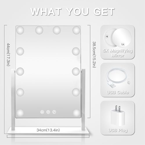 HIEEY Hollywood Vanity Mirror with 12 Dimmable Bulbs Lights, Three Color Lighting Modes, and 5X Magnification, Smart Touch Control, 360°Rotation (White,Gift Box) - style: 17.3" x 13.4" (12 Bulbs)